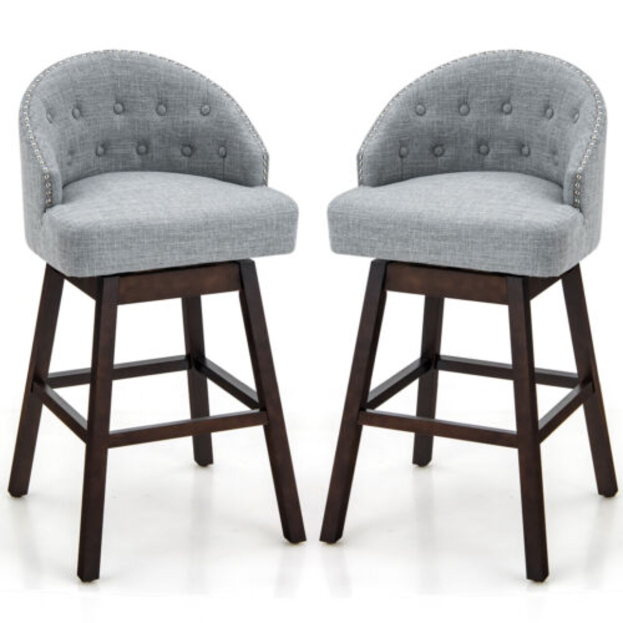 Set of 2 Swivel Bar Stools Tufted Bar Height Pub Chairs with Rubber Wood Legs